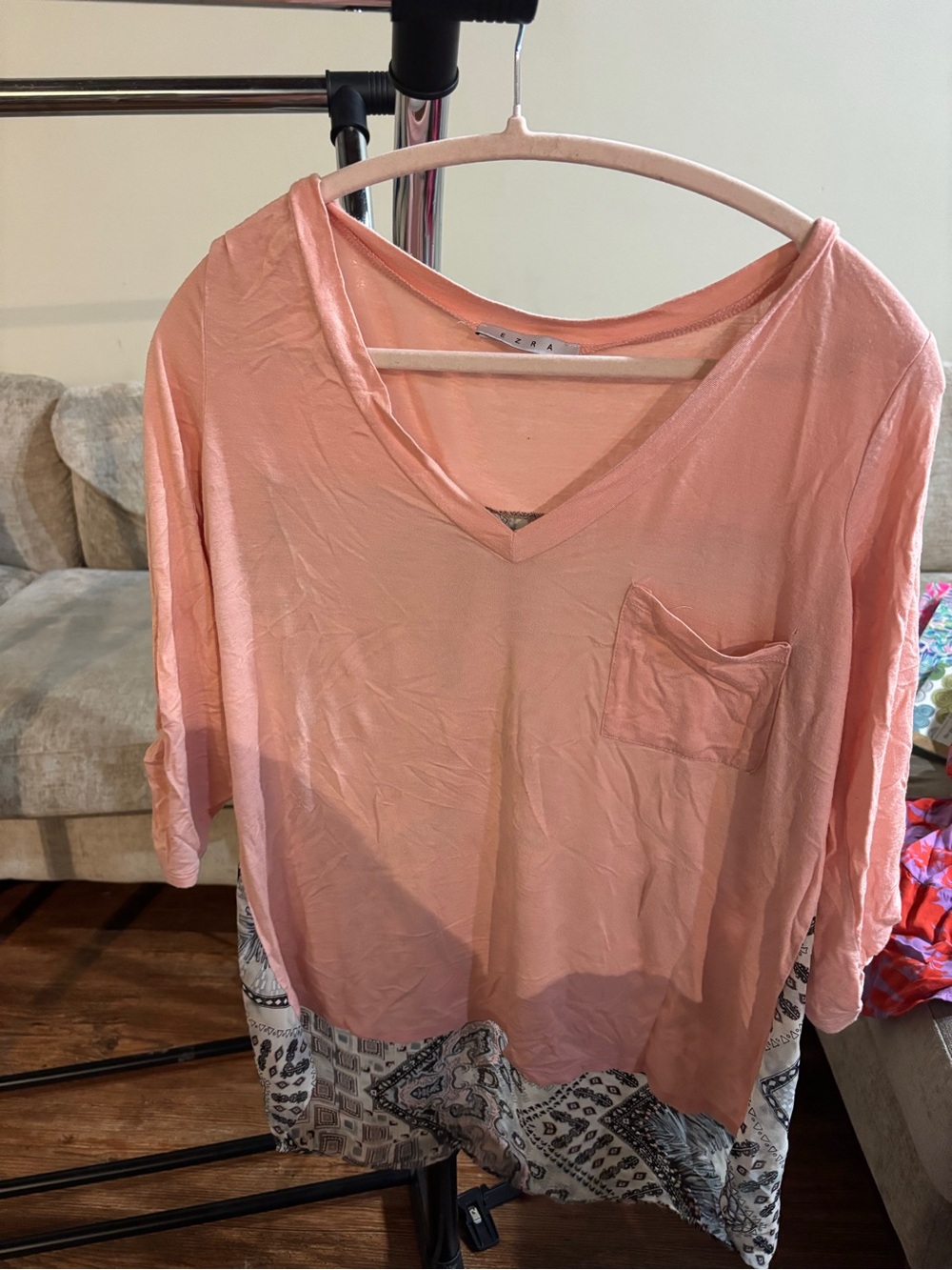 Ezra Women’s Medium Blush Pink Boho Mixed Print V-Neck Tunic Top 3/4 Sleeve